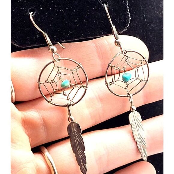 Native Sterling Silver Spiderweb with Turquoise Earrings 2.5in - Picture 1 of 4